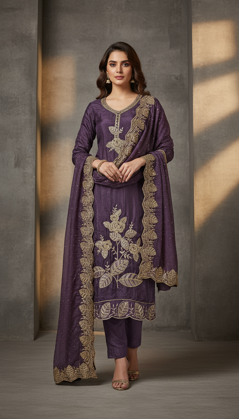 Regal Deep Purple Silk Blend Suit with Heavy Gold Zari Embroidery 3-Piece Set